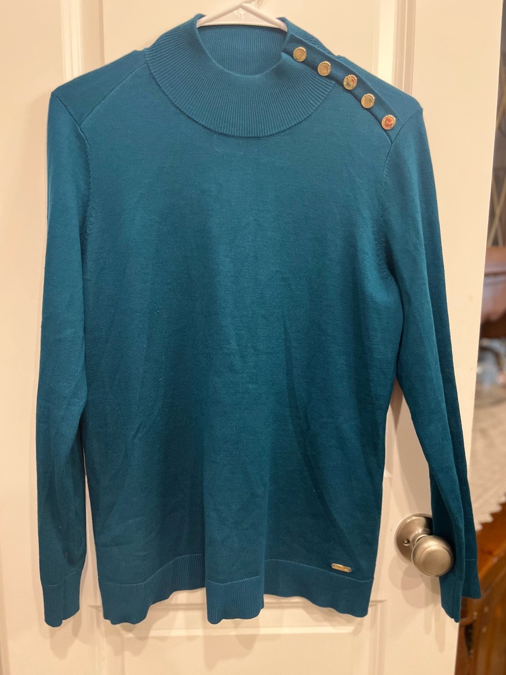 Teal Calvin Klein Mock-Neck Sweater Featuring Gold-Toned Shoulder Buttons